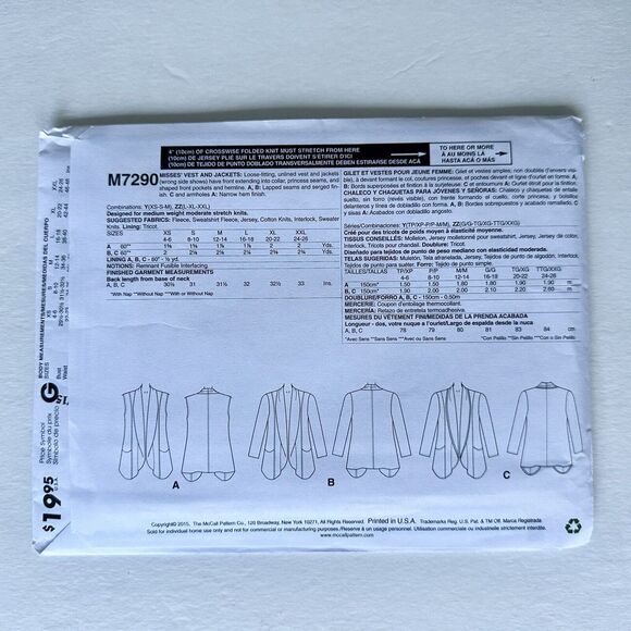 MCCALLS SEWING PATTERN 7290 VESTS JACKETS  PLUS SIZE LARGE-XXL UNCUT - Picture 2 of 2